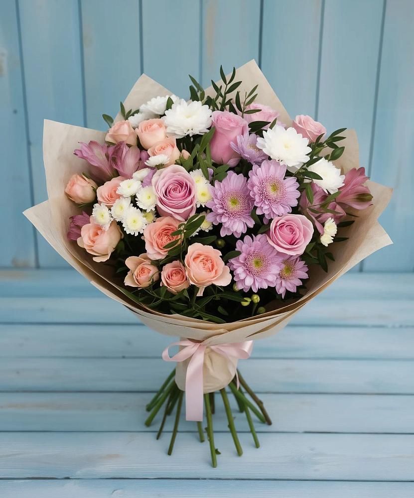 Букет цветов из: Хризантемы, Розы и Альстромерии в Анди