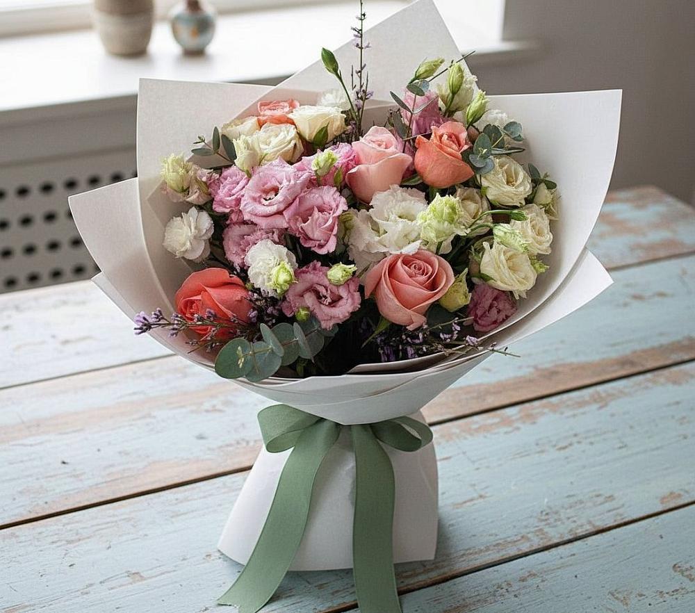 Букет цветов из: Розы, Лизиантусы и Гвоздики в Анди