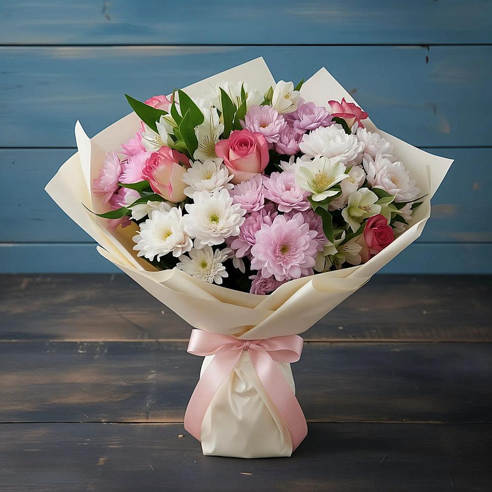 Букет цветов из: Хризантемы, Альстромерии и Розы в Анди